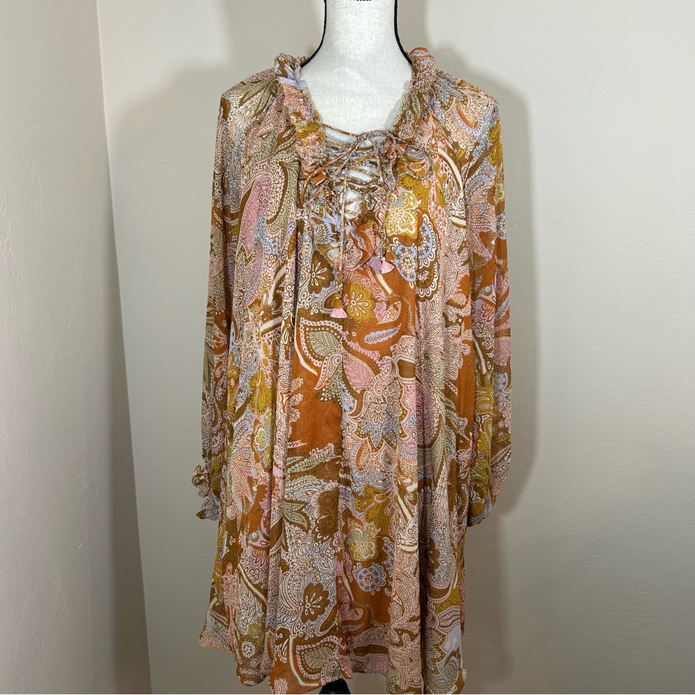 House of Harlow 1960 Balloon Sleeve Lace Up Chiffon Tunic Mini Dress Boho S